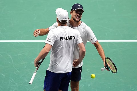 Davis Cup Tennis, Britain vs Finland: Finland's Otto Virtanen and Harri Heliovaara celebrate winning against Britain's Dan Evans and Neal Skupski 